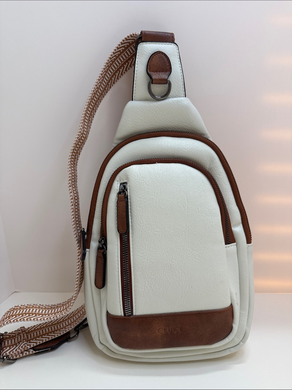 CLUCI White & Brown Leather Sling Backpack Crossbody Bag, Adj. Strap, 4 Pockets